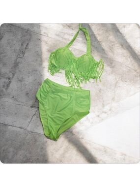 Neon Green Fringe Halter Bikini Set XXL Eye-catching two-piece